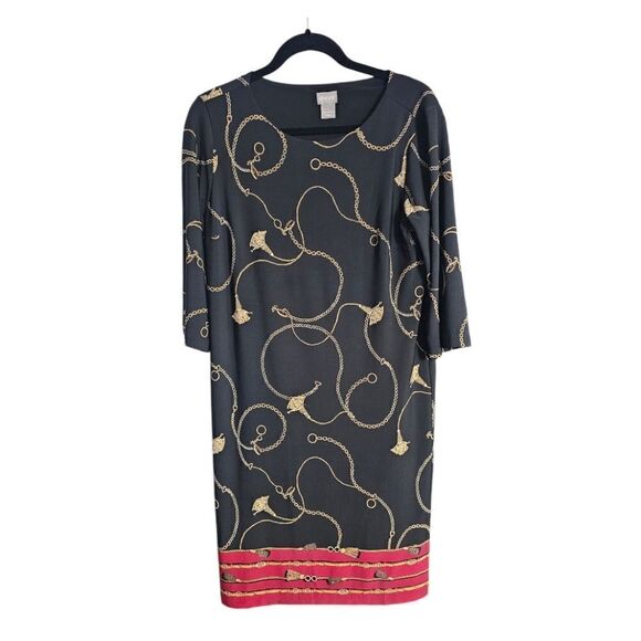 CHICO'S Printed Chain Print Black Shift Dress - Size 1 US 8/10 - Picture 3 of 11